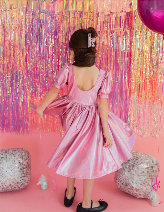 Puff Sleeve Twirl Dress, Pink Lamé - Magpies Paducah