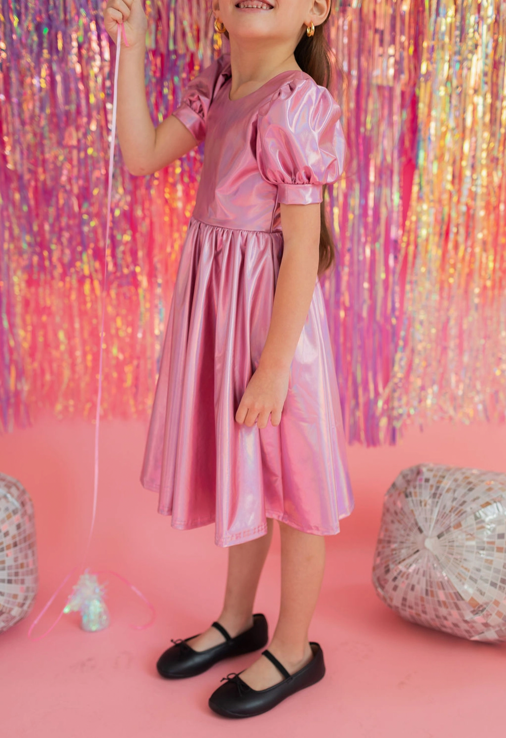 Puff Sleeve Twirl Dress, Pink Lamé - Magpies Paducah