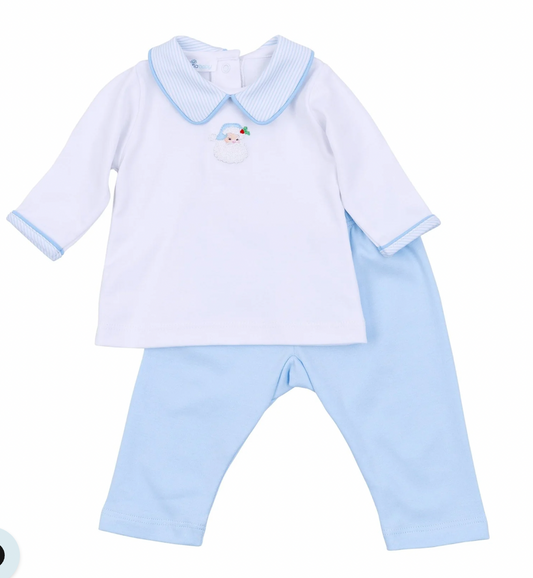 Embroidered Santa Collared Pant Set, Blue
