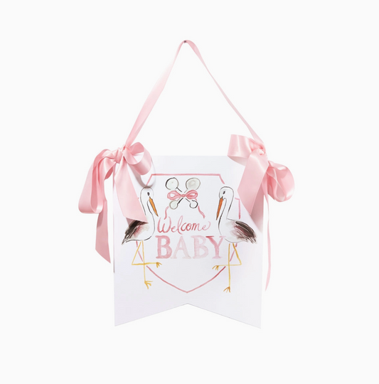 "Welcome Baby" Stork Hanger, Pink - Magpies Paducah