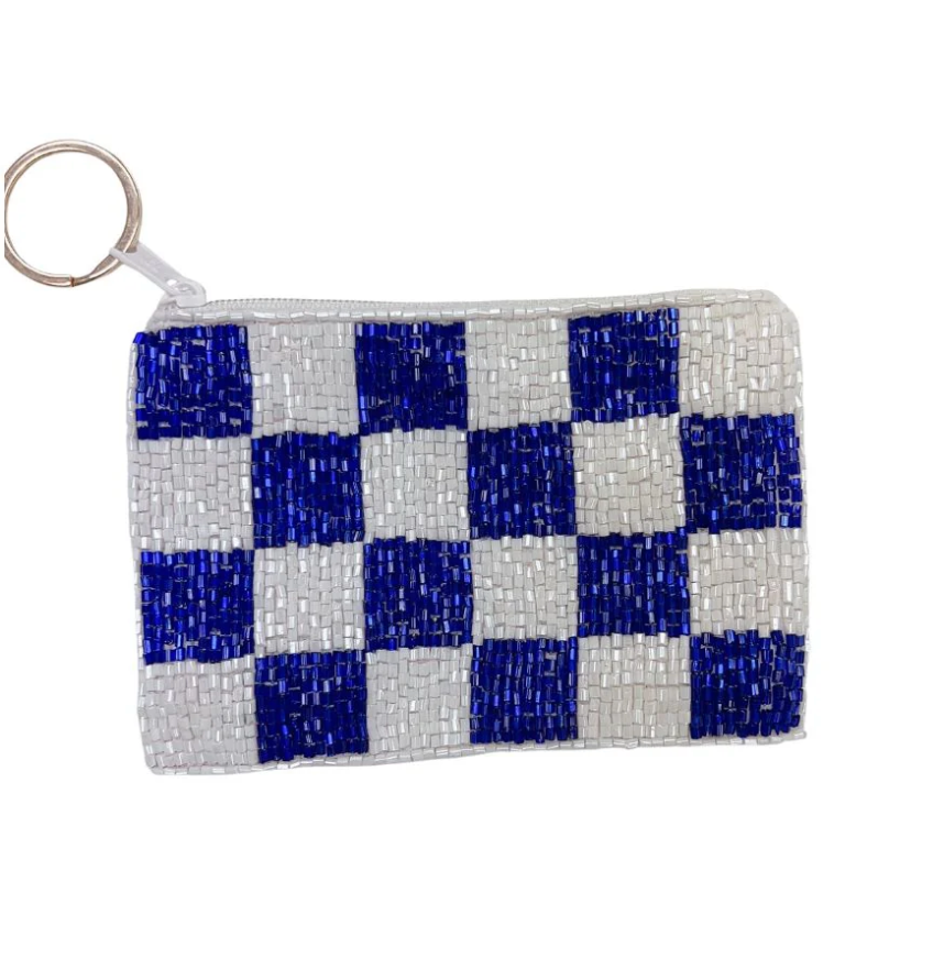 Checkered Keychain Pouch, Blue/White