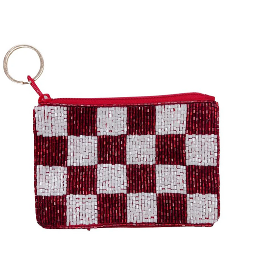 Checkered Keychain Pouch, Maroon/White