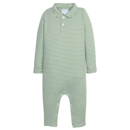 Long Sleeve Polo Romper, Watercress Stripe