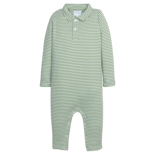 Long Sleeve Polo Romper, Watercress Stripe - Magpies Paducah