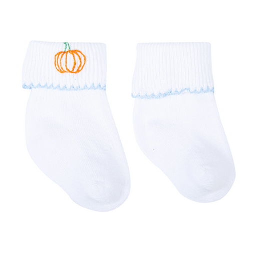 Vintage Pumpkin Picking Embroidered Socks, Blue