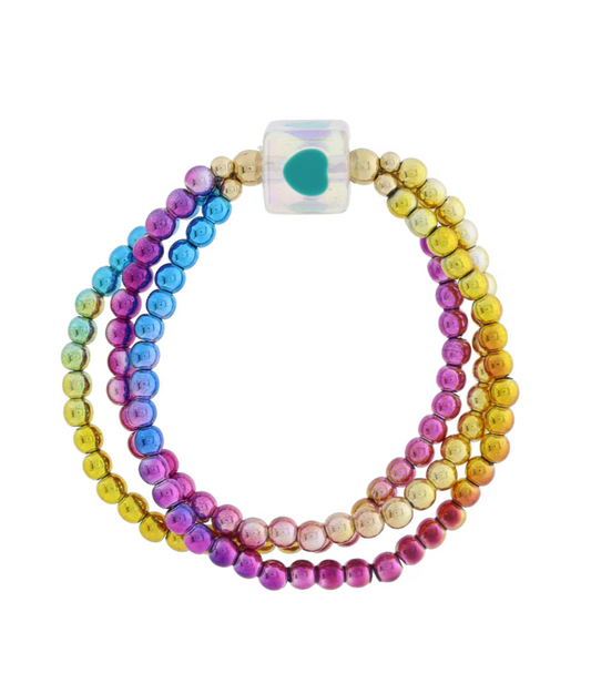 Multicolor Beads & Teal Hearts Bracelet