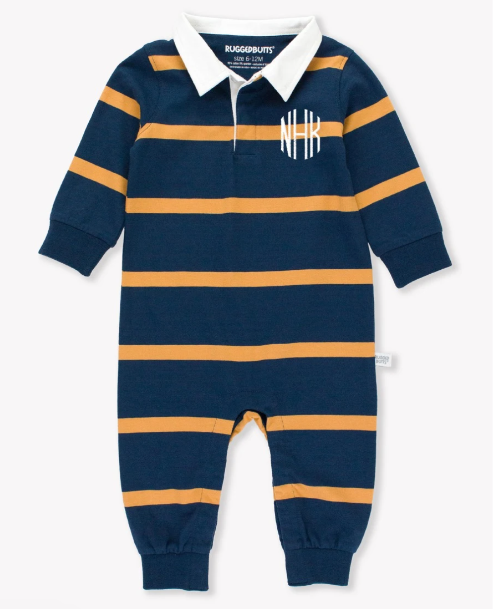 Rugby Polo Romper, Navy + Honey Stripe