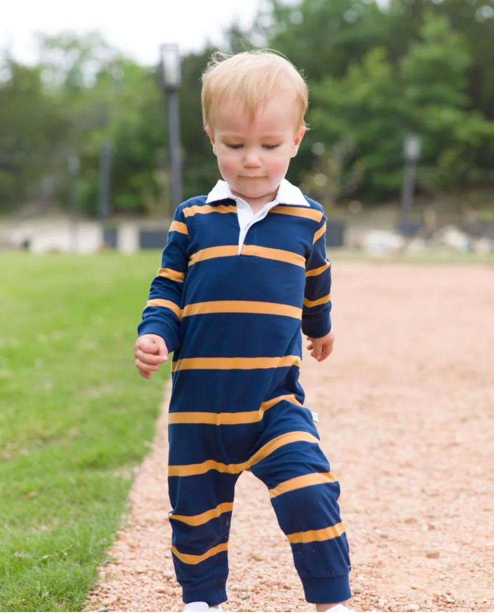 Rugby Polo Romper, Navy + Honey Stripe