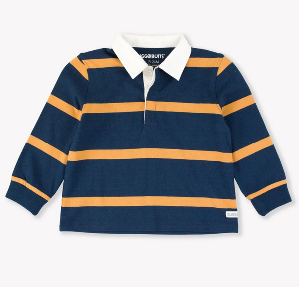 Long Sleeve Rugby Polo, Navy + Honey Stripe