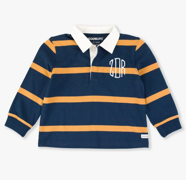 Long Sleeve Rugby Polo, Navy + Honey Stripe