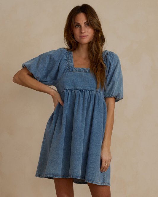 Gretta Babydoll Dress, Light Washed Denim