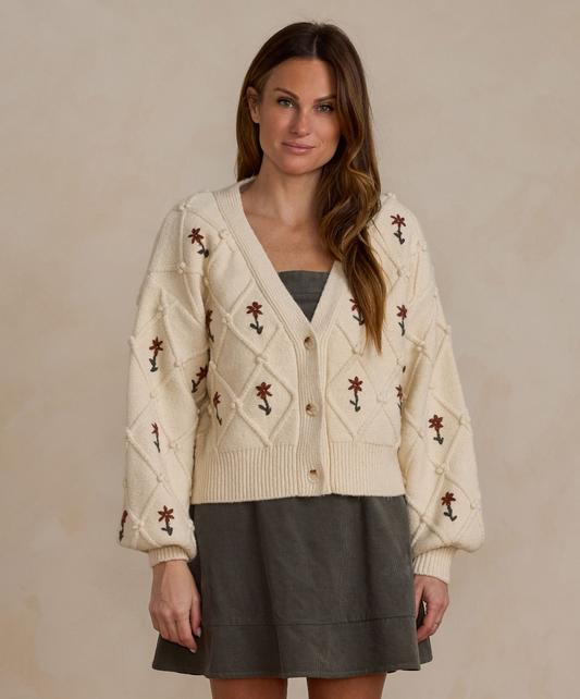 Women's Boxy Crop Cardigan, Winter Floral Embroidery