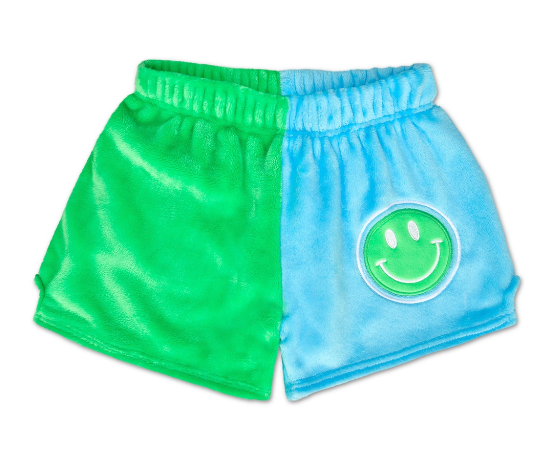 Plush Shorts, Green & Blue Smile Color Block