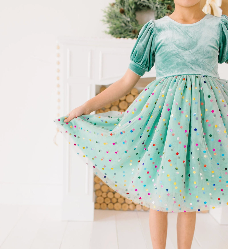 Diana Puff Dress, Minty Confetti