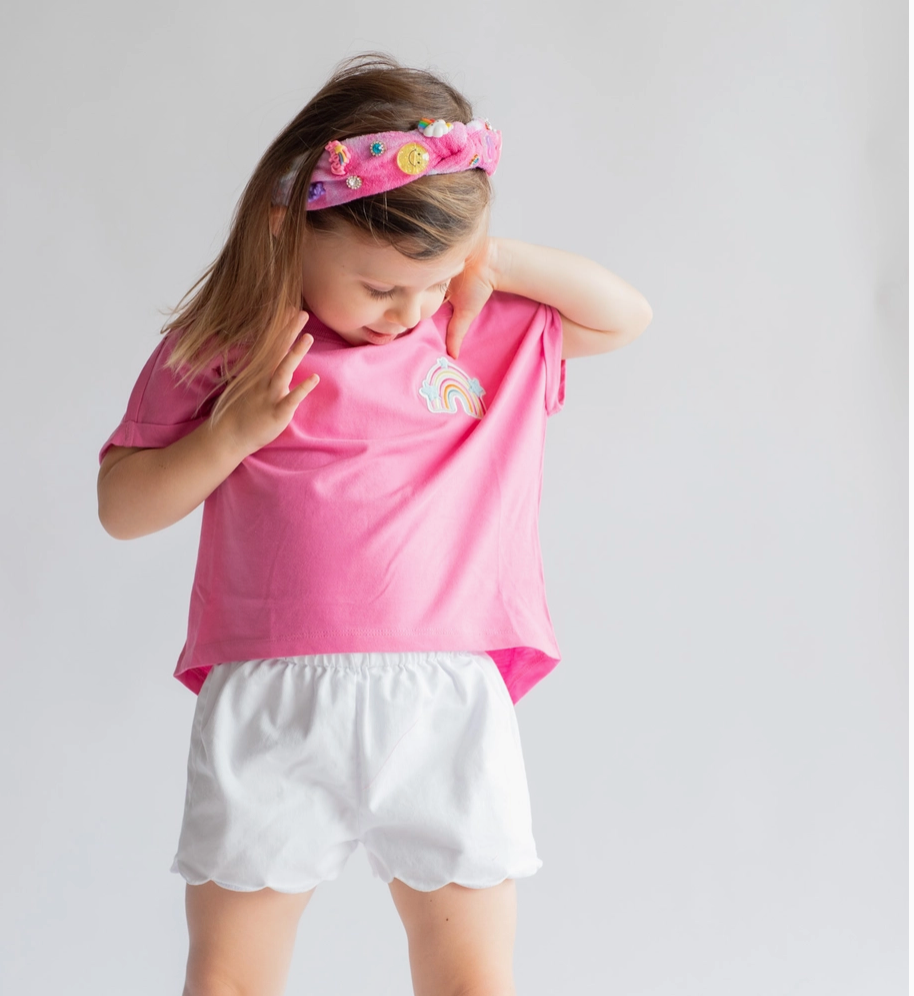 Embroidered Short Sleeve Rainbow Tee, Pink