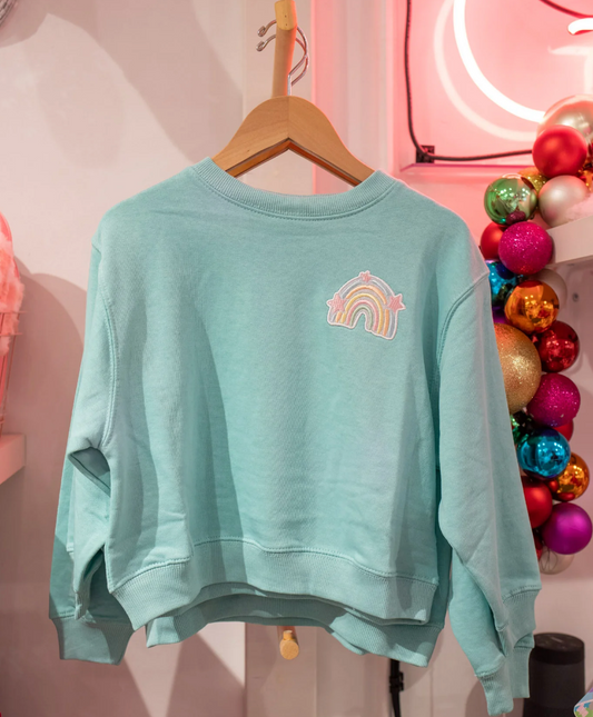 Embroidered Rainbow Crewneck, Soft Aqua