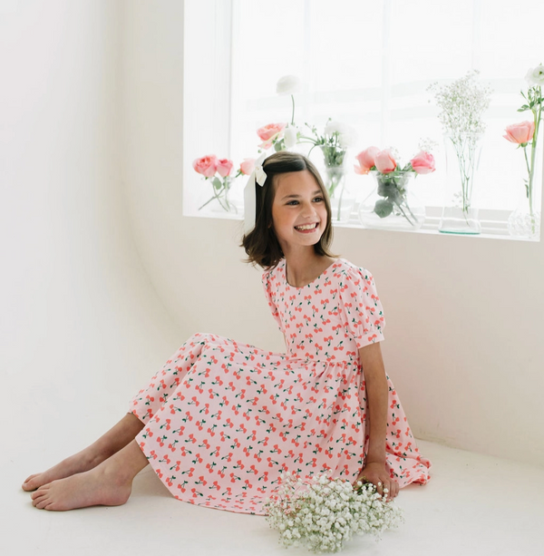 Puff Sleeve Twirl Dress, Cherries