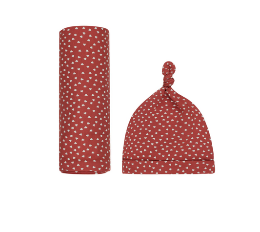 Bamboo Swaddle & Knotted Hat, Tiny Hearts - Magpies Paducah