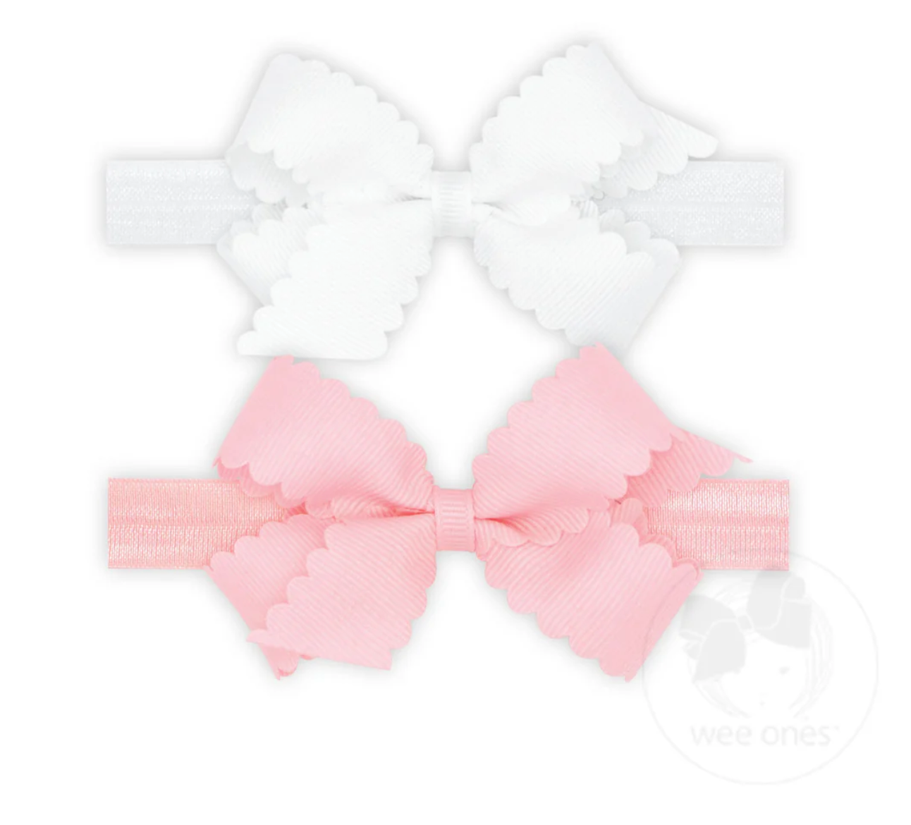 2 Pack Scalloped Bows on Band | White & Light Pink