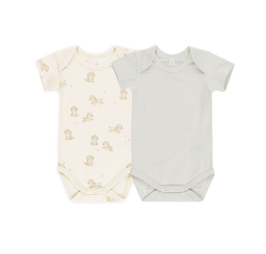 SHORT SLEEVE BODYSUIT, 2 PACK || PUPPIES, SKY MICRO STRIPE