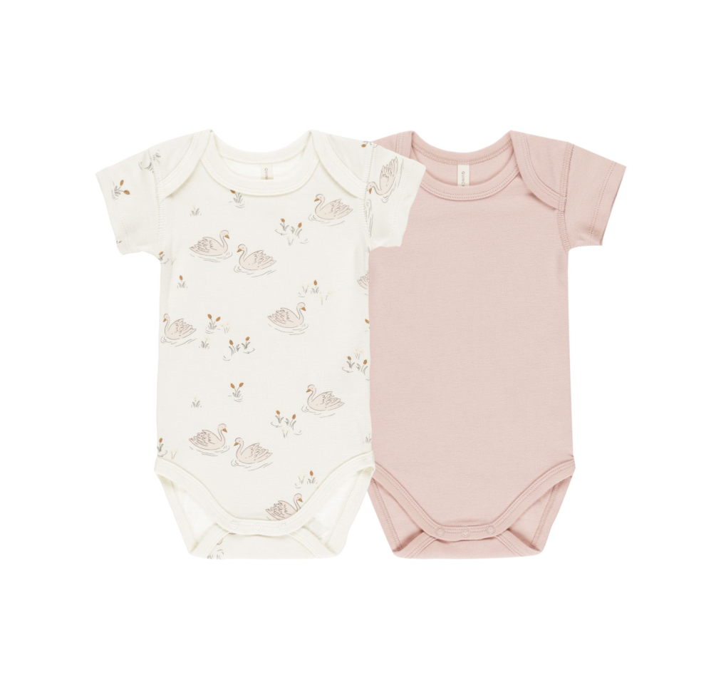 SHORT SLEEVE BODYSUIT, 2 PACK || SWANS, BUBBLEGUM