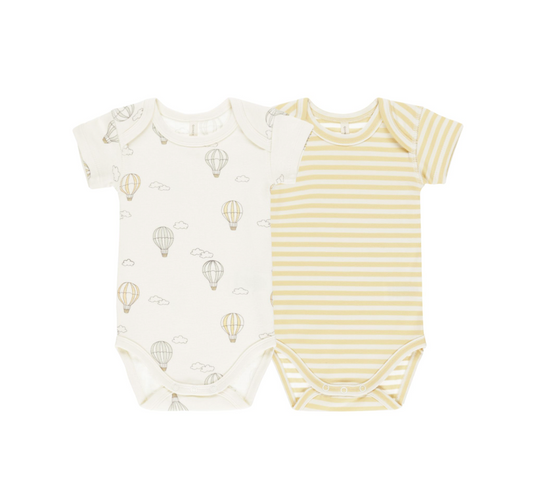 SHORT SLEEVE BODYSUIT, 2 PACK || HOT AIR BALLOONS, YELLOW STRIPE