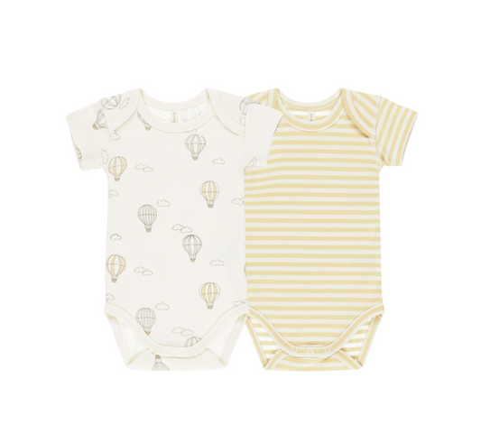 SHORT SLEEVE BODYSUIT, 2 PACK || HOT AIR BALLOONS, YELLOW STRIPE - Magpies Paducah