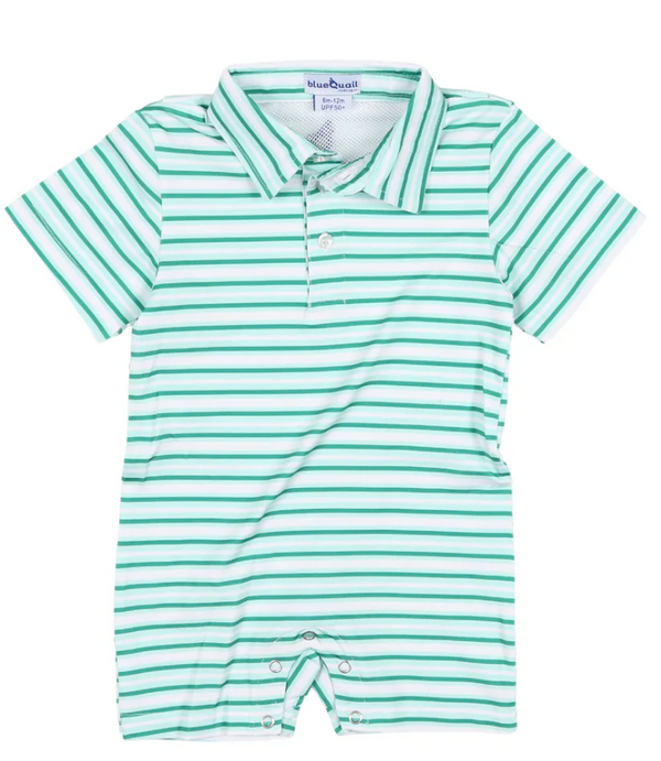 Polo Romper, Emerald Stripe