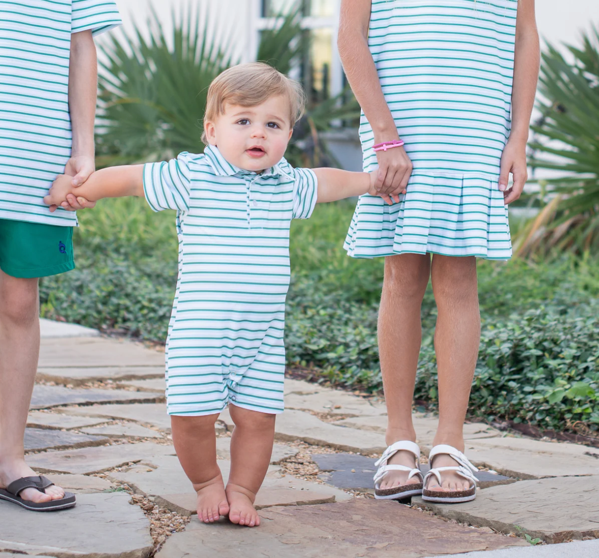 Polo Romper, Emerald Stripe