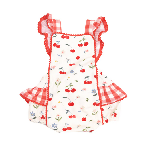 RicRac Ruffle Sunsuit, Watercolor Cherries - Magpies Paducah