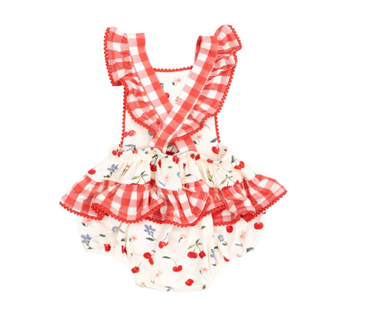 RicRac Ruffle Sunsuit, Watercolor Cherries - Magpies Paducah