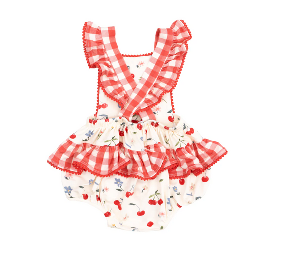 RicRac Ruffle Sunsuit, Watercolor Cherries - Magpies Paducah