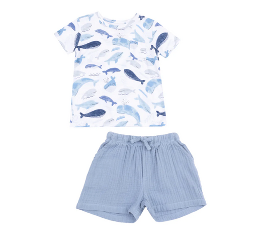 Crewneck Tee + Muslin Short, Blue Whales - Magpies Paducah