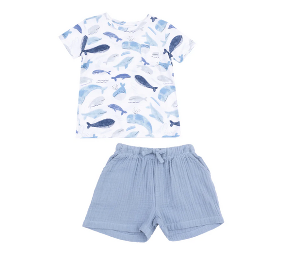 Crewneck Tee + Muslin Short, Blue Whales - Magpies Paducah