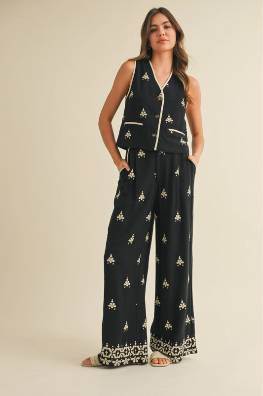 Women's Embroidery Vest and Wide Leg Pant Set