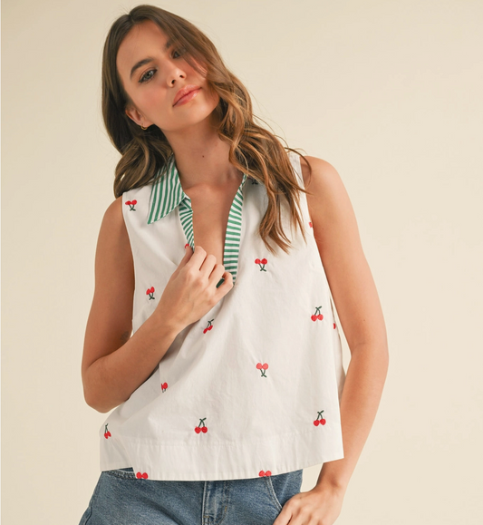 Women's Collard Tank, Embroidered Cherries