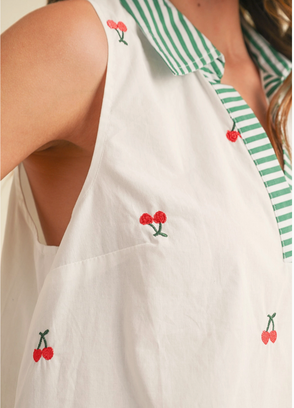 Women's Collard Tank, Embroidered Cherries