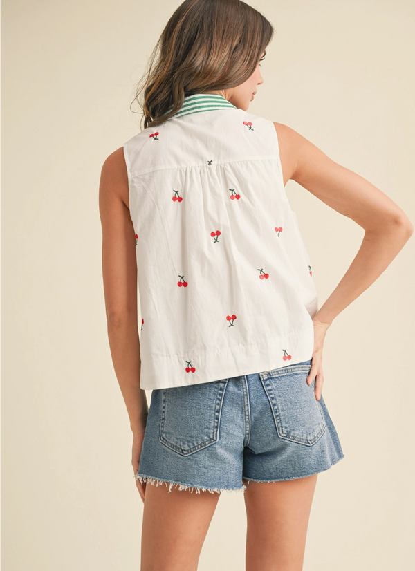 Women's Collard Tank, Embroidered Cherries