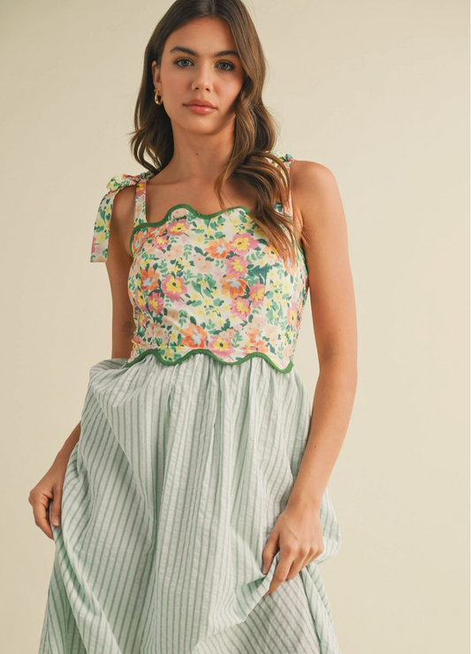 Women's Scallop Print Dress, Dusty Sage
