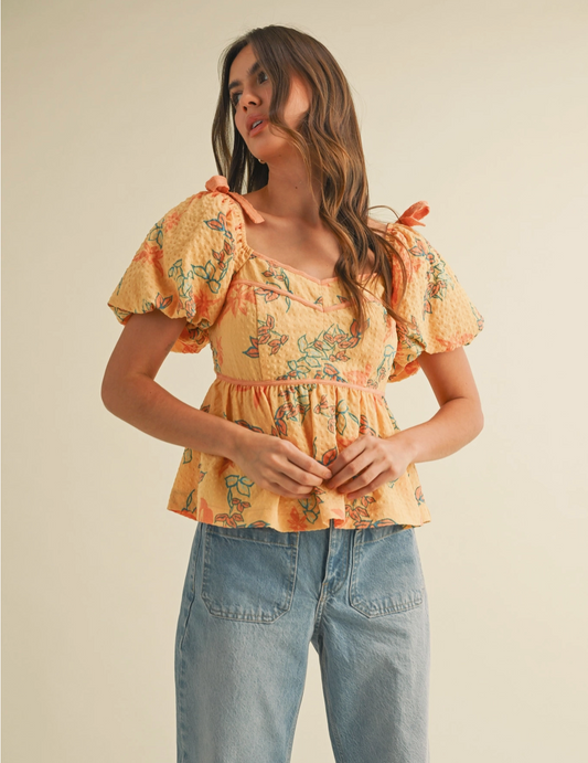 Women's Peplum Waist Top, Papaya Floral - Magpies Paducah