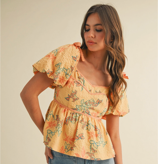 Women's Peplum Waist Top, Papaya Floral - Magpies Paducah