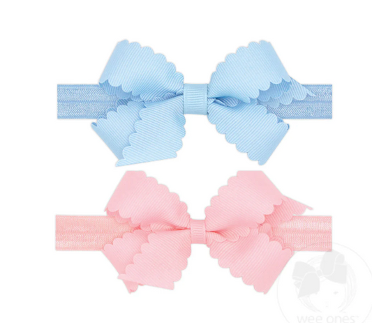 2 Pack Scalloped Bows on Band | Mil. Blue & Lt. Pink - Magpies Paducah