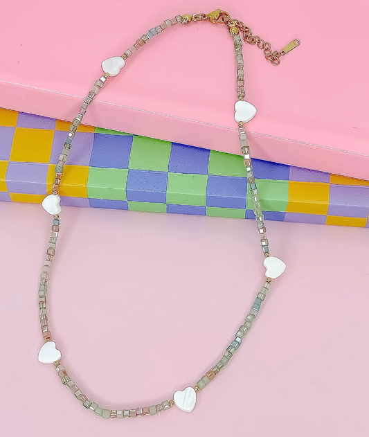 Heart Parade Beaded Necklace, Light Green - Magpies Paducah