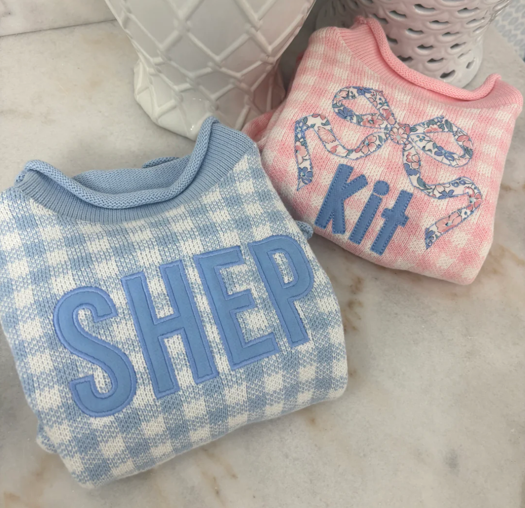 Cotton Knit Rollneck Sweater, Blue Gingham - Magpies Paducah