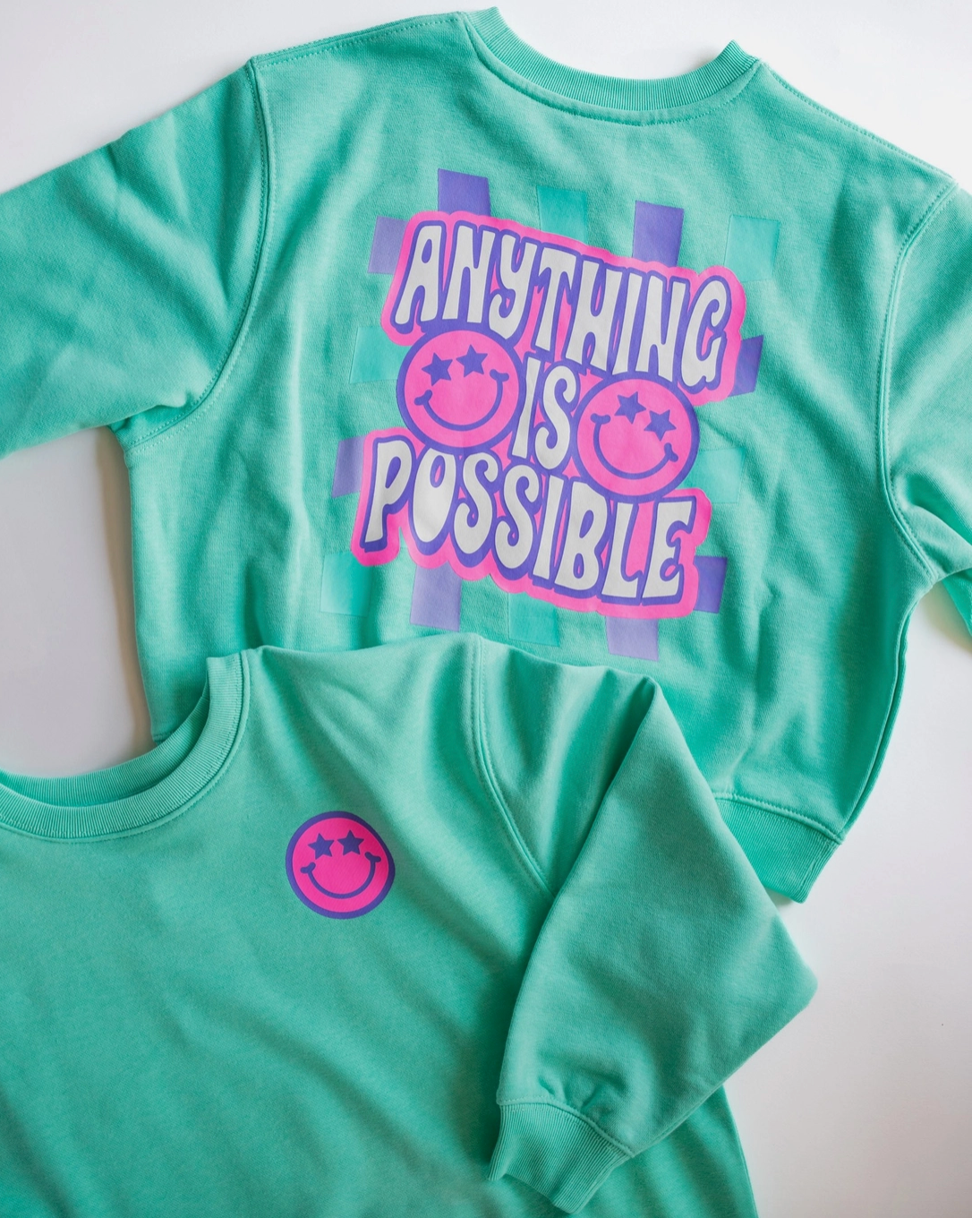 Anything Is Possible Smiley Sweatshirt, Aqua - Magpies Paducah