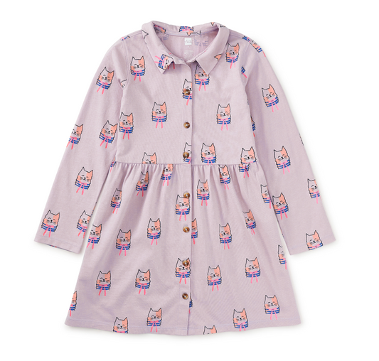 Collared Long Sleeve Shirtdress, Bow Tie Cats