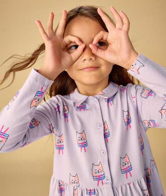 Collared Long Sleeve Shirtdress, Bow Tie Cats