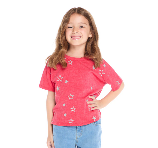 Tossed Crimson Glitter Stars Tee - Magpies Paducah