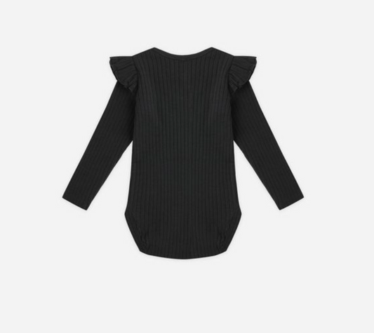 Ruffle Shoulder Bodysuit, Black - Magpies Paducah
