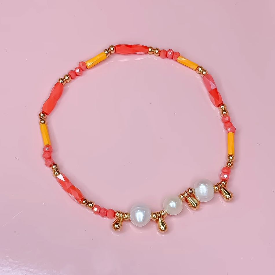 Princess Pearls Beaded Bracelet, Orange - Magpies Paducah